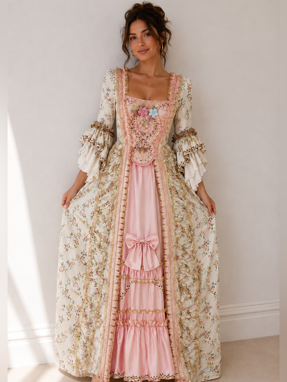 French Queen Costume Marie Antoinette Dress Floral 18th Century Victorian Rococo - Picture 2 of 15